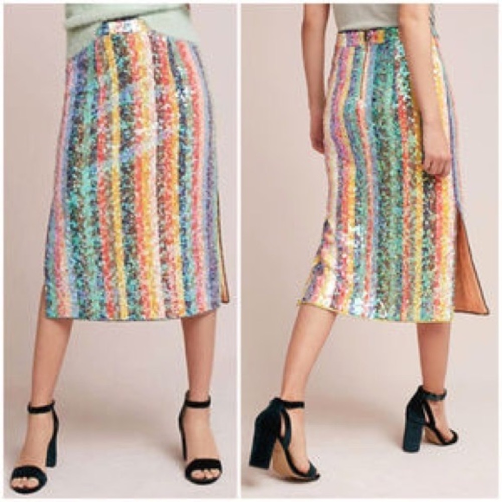 Anthropologie Maeve Rainbow Sequin Striped Skirt
